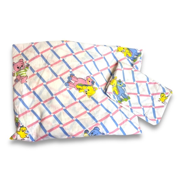 Vintage Cotton Duck/Bear print fitted crib sheet pillowcase Baby Nursery set - Picture 1 of 8